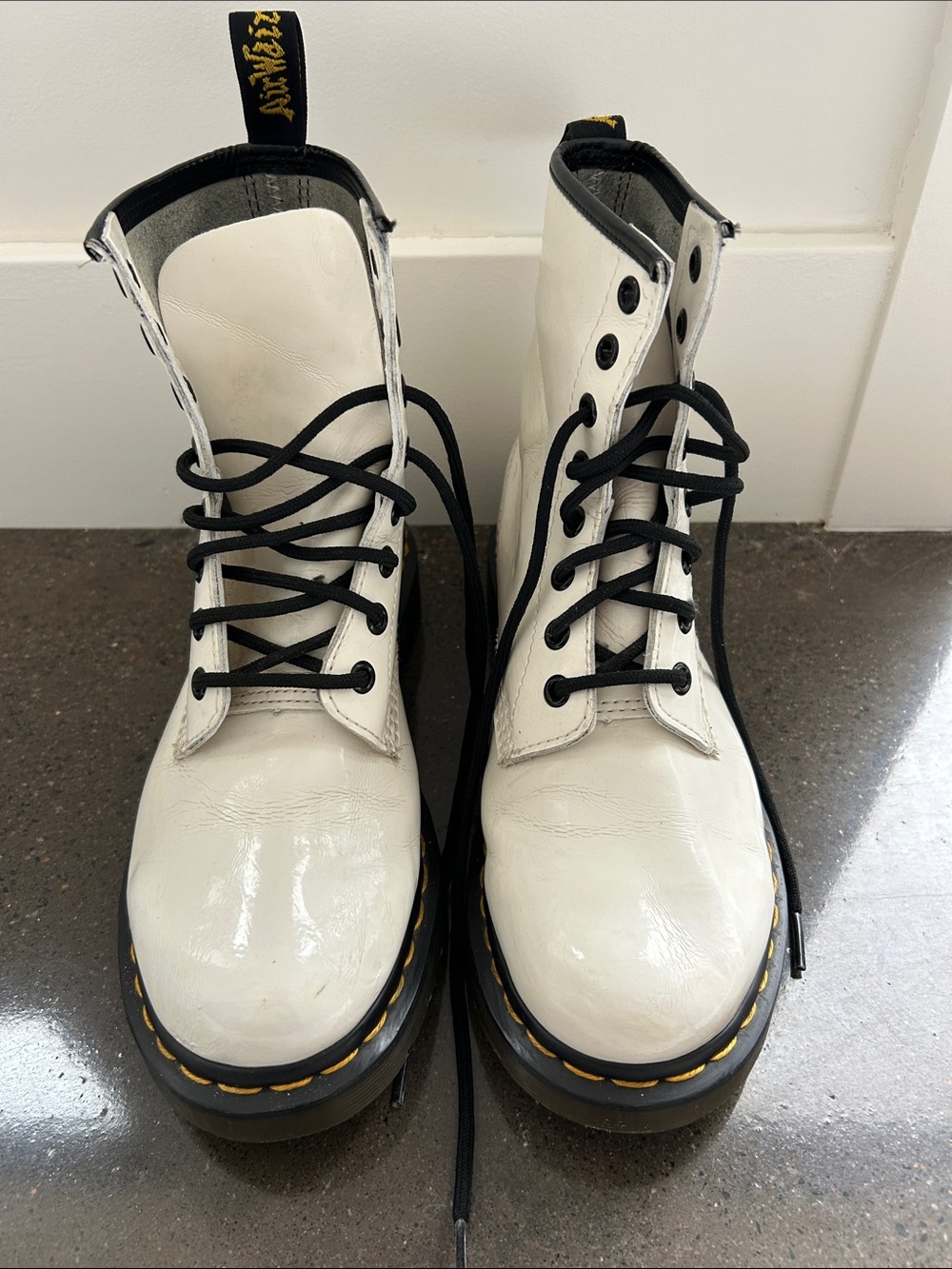 Dr. Martens White Patent Leather Lace-Up Combat Boots with Black Laces